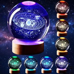 6cm 3D Solar System Crystal Ball LED Lamp, 16-Color Glass Sphere with Remote, USB-Powered Novelty Night Light, Wood-Accent Educational Decor for Living Room Study Desk Office, Gift for Teens