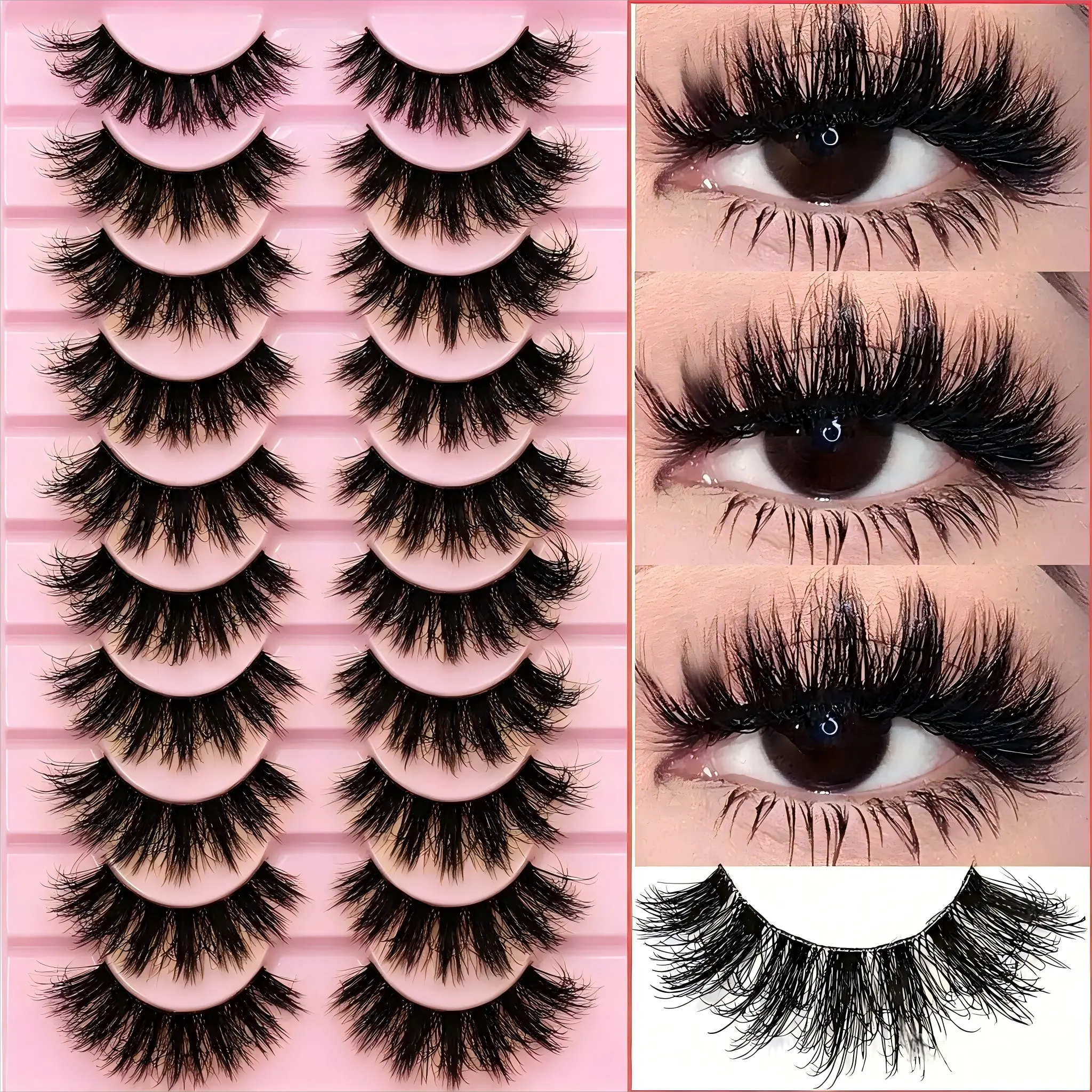 3D Mink False Eyelash Strip Patches - 10 Pairs Lightweight Fluffy Cat Eye Lashes with Synthetic Fibers, Reusable Voluminous Natural for Daily Wear, Parties, Beauty Gifts