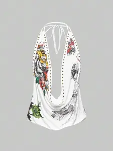 Meghana Glow Grunge Punk Retro Y2K Chic Studded Vintage Tiger Head & Floral Geisha Print Rhinestone Sexy Deep Draped Neck Sleeveless Tank Tops For Women