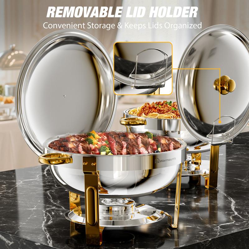 WARMOUNTS 5QT Elegant Gold Chafing Dish - Round Stainless Steel Buffet Warmers with Cut-Resistant Rims & Lid Holder for Wedding Catering & Party&Holiday Feasts Events
