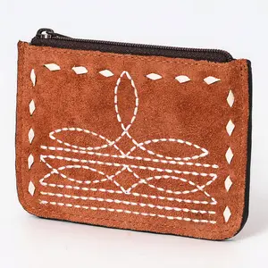 American Darling Western Genuine Suede Leather Card Holder – Compact Genuine Leather Design, Buck Stitched Detailing, Secure Zippered Essentials Case