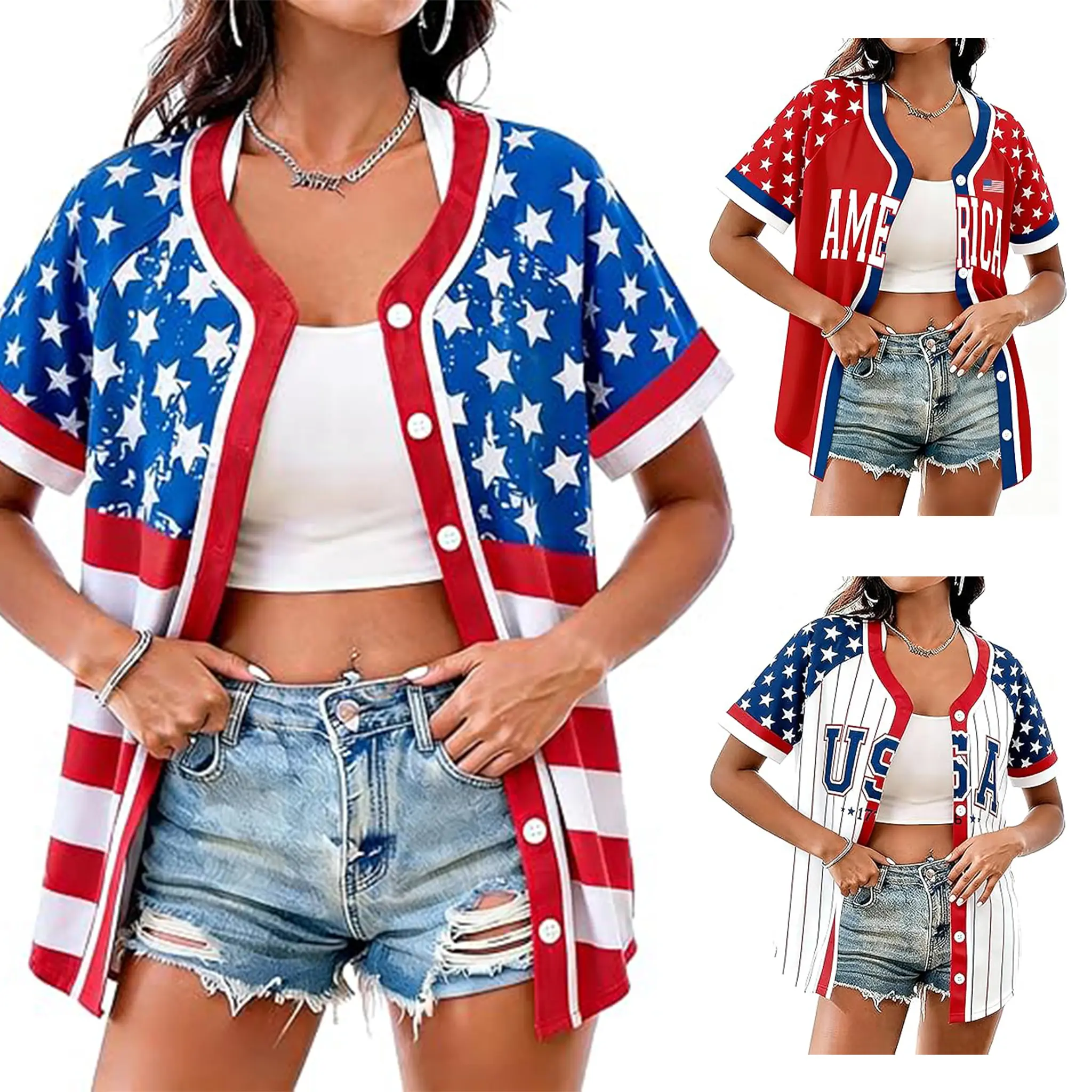 Women's USA Flag Stars and Stripes Pattern Baseball Jersey - Patriotic Women's Clothes, Button-Front V-Neck Short-Sleeve, 4th of July Casual Sports Top, S-5XL Plus Size Options, Breathable Mesh Pinhole Fabric, Mom Outfit