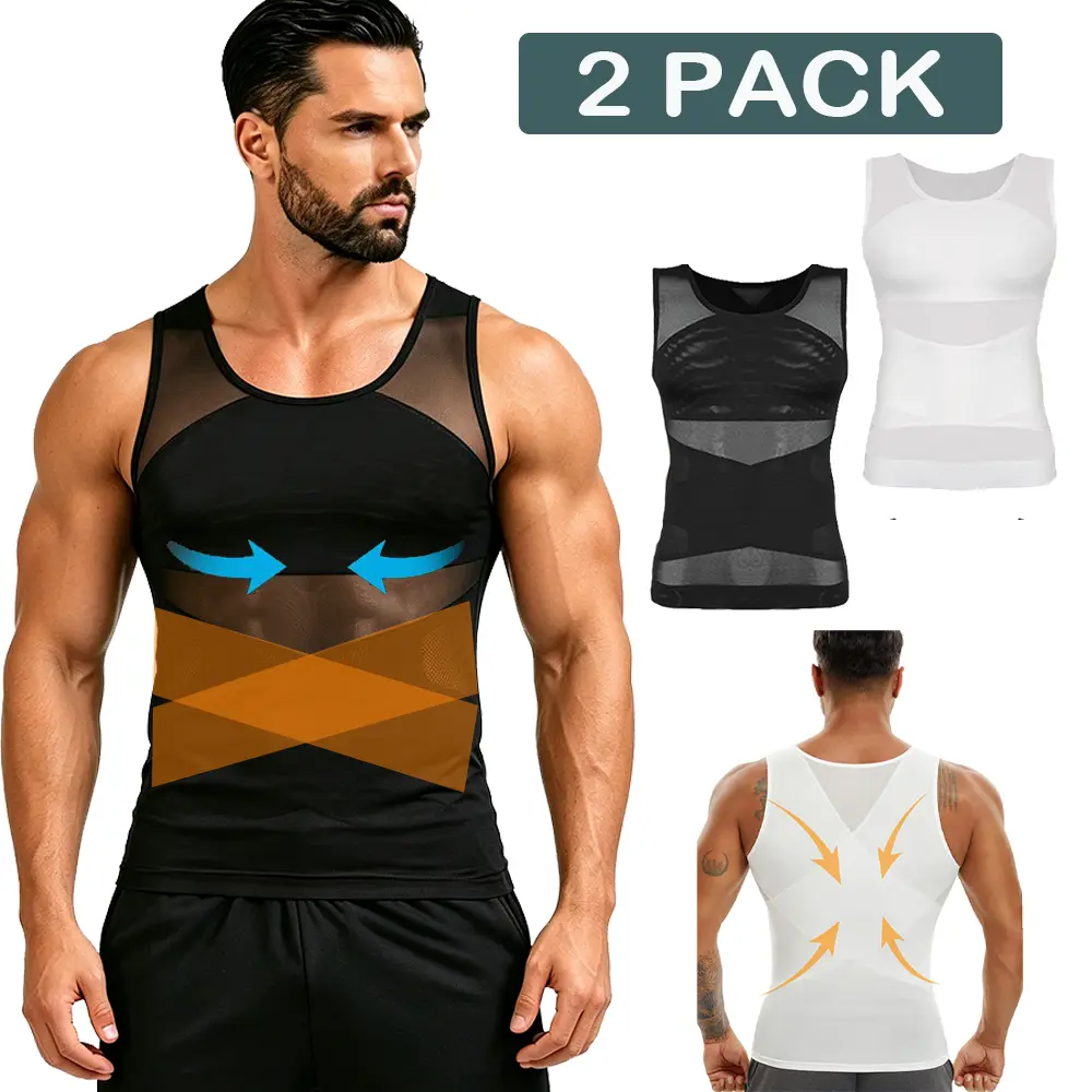 2 PACK Mens Compression Shirt Body Shaper Vest Sleeveless Undershirt Tank Top Tummy Control Shapewear for Men Gym Clothing Gym Everyday Wear