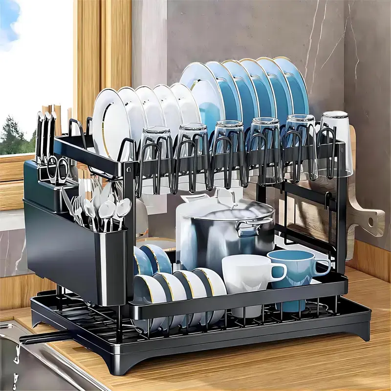 Dish Drying Rack Carbon Steel Drainboard Iron Dish Drainers Kitchen Counter Sink Adjustable Spout Utensil Holder Knife Slots Rustproof Board Durable easy to install perfect size Great value sturdy classy Organiser Mother's day gift ideas