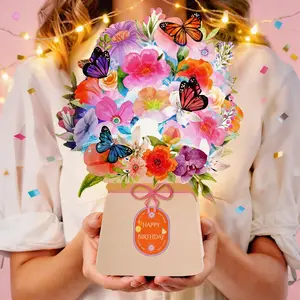 3D Pop Up Birthday Card with Light & Music, Lily & Butterflies Design, 10 Inch Life Sized Forever Flower Bouquet, Happy Birthday Gift Card for Women, Wife, Mom, Daughter, Sister
