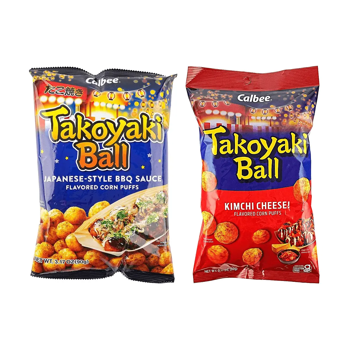 Calbee Takoyaki Corn Puffs - Original & Kimchi Cheese Flavors (2x90g Bags) - Japanese Savory Snack Mix