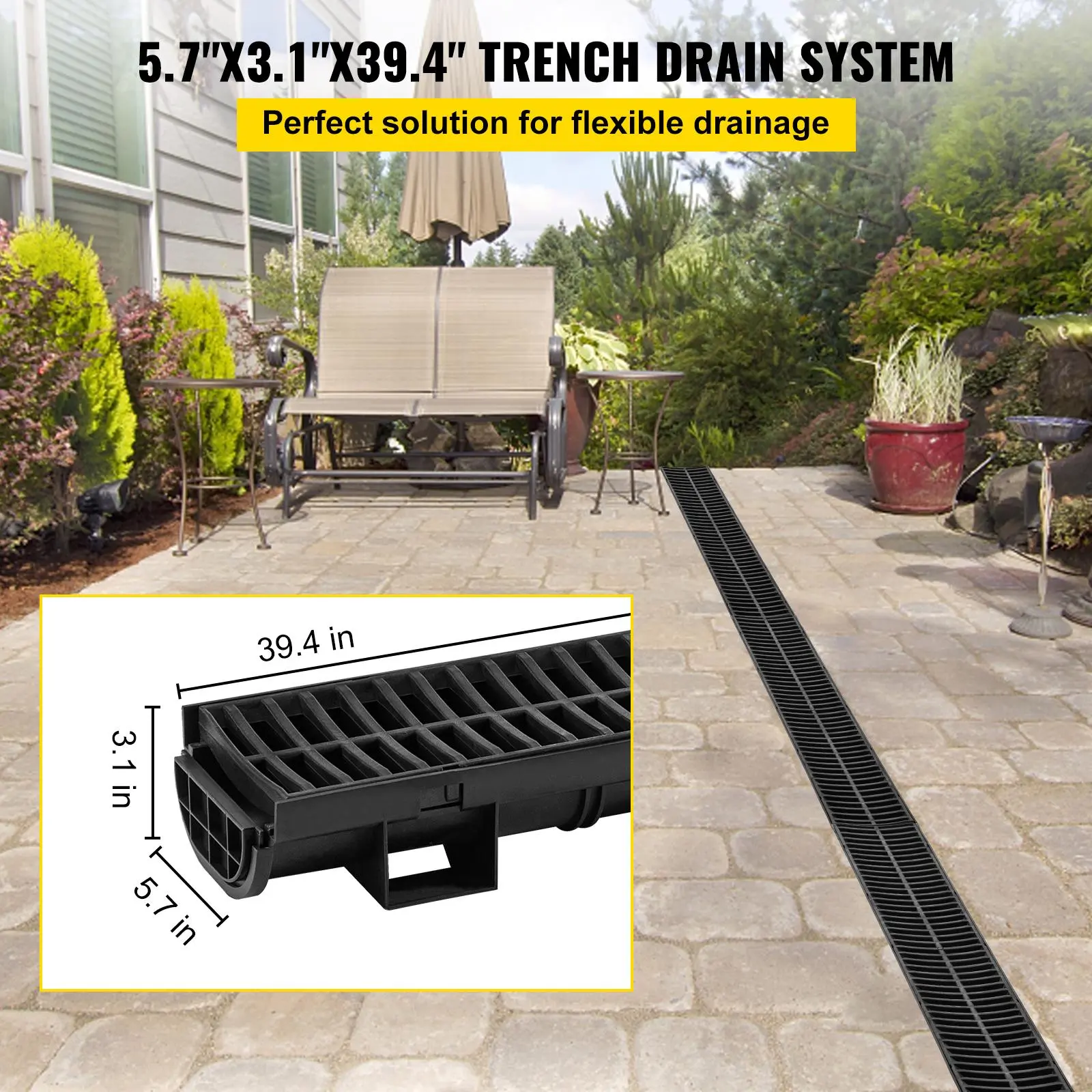 【Summerfinds】VEVOR Trench Drain System, Channel Drain with Plastic Grate, 5.7x3.1-Inch HDPE Drainage Trench, Black Plastic Garage Floor Drain, 5x39 Trench Drain Grate, with 5 End Caps, for Garden, Driveway-5 Pack