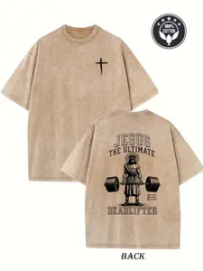 Men's Funny Christian Gym T-Shirt with Jesus Deadlift & Weightlifting Design - Heavyweight 230GSM Religious Workout Shirt Suitable for Heavy-Duty Lifters, Church & Gym Apparel, Durable Fabric (Deadlift Jesus Gift), PLUS SIZE