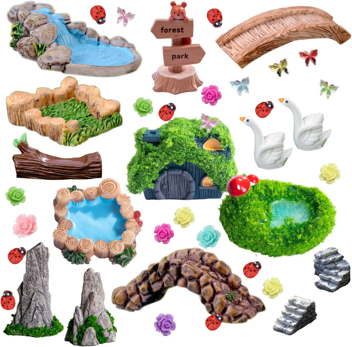 45Pcs Decorative Resin Mini Garden Accessories Bulk Set - Miniature Landscape Decor with Bridge, Pond, Mountain, House Figurines, Swan, Ladybug, Butterfly, Flower for Dollhouse Crafts, Outdoor Home Improvement