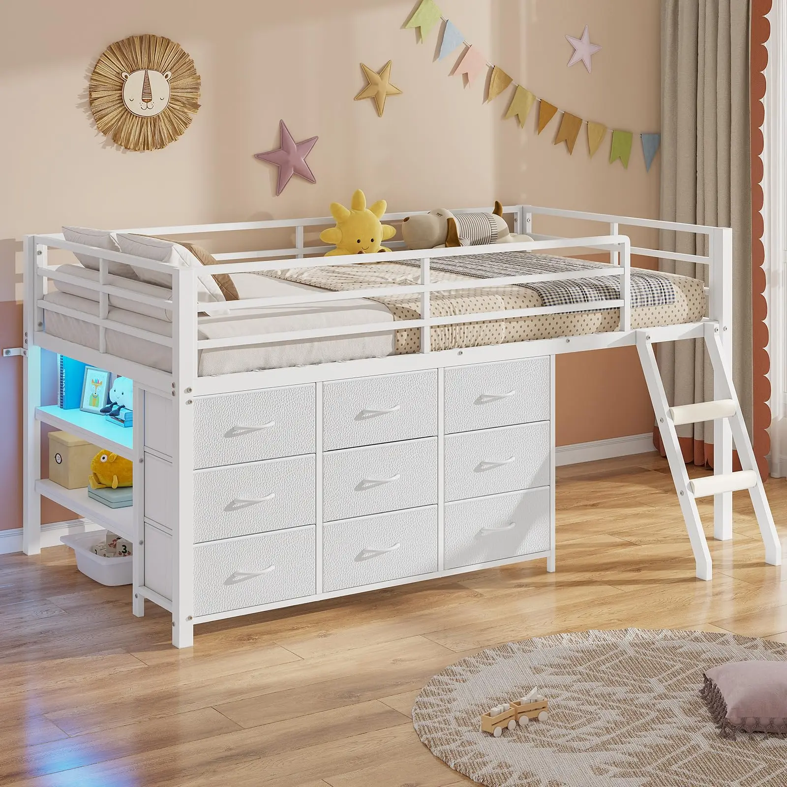 SIKAIC Twin Size Low Loft Bed with 9 Storage Drawers, 2 Shelves and LED Lights, Metal Bed Frame with Safety Guardrail and Ladder