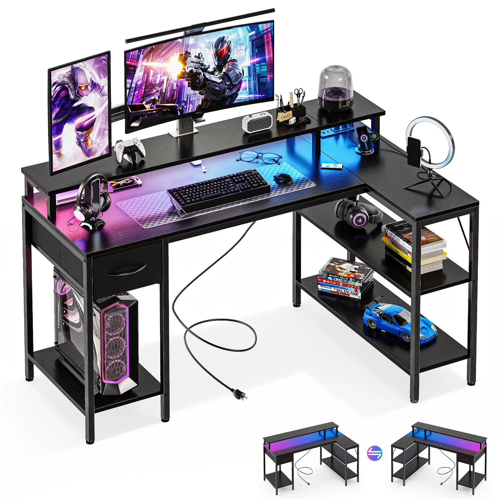 Sweetcrispy 53” Multi-Functional Gaming Desk - Home Office Furniture with USB Charging Ports, LED Lights, Reversible L-Shaped Design, Power Outlets, Monitor Riser, Storage Shelves for Small Spaces, Black