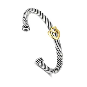 Aprilery Two - Tone Twisted Rope Double Heart Cuff Bracelet, Fashion Jewelry for Daily/Party Wear