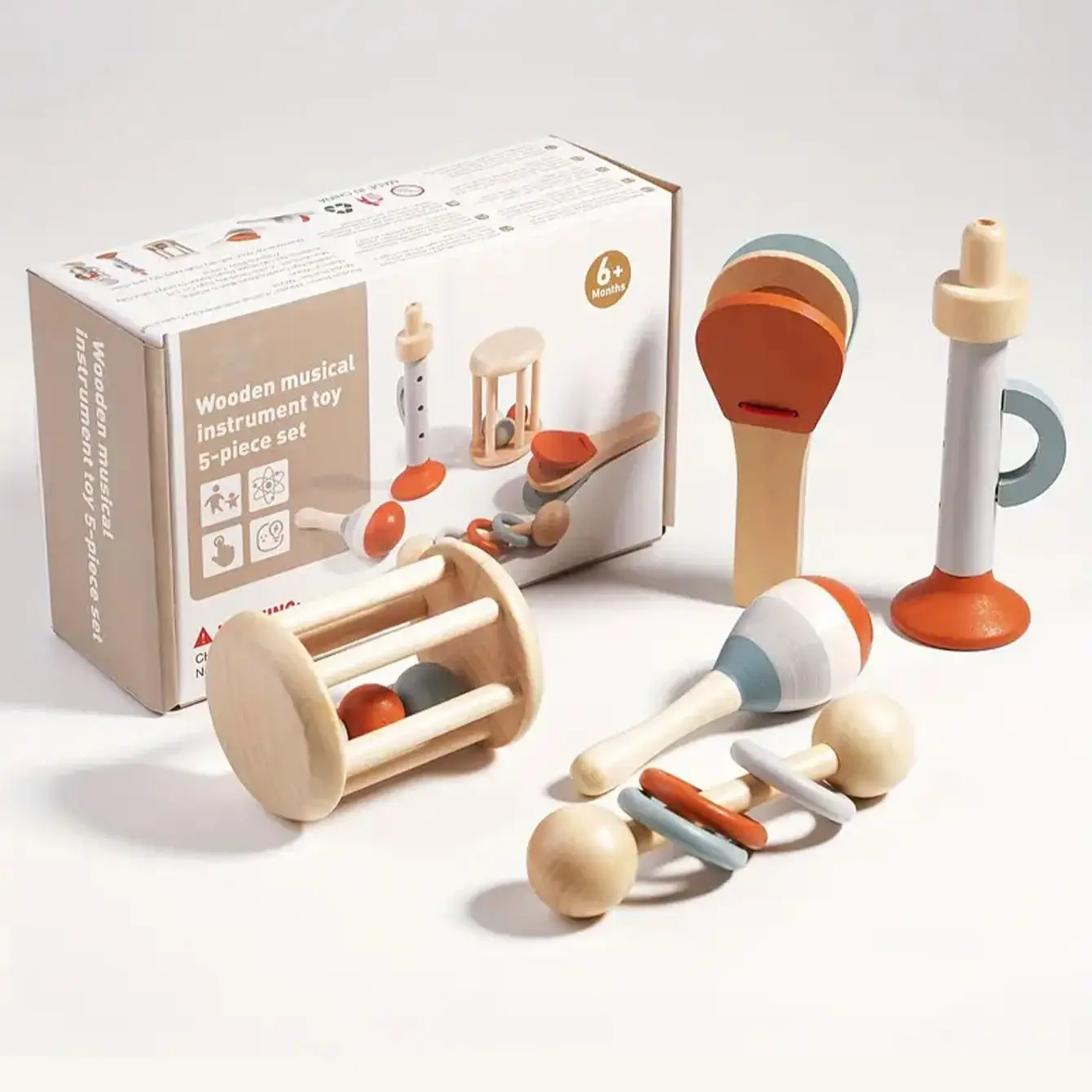 Montessori Percussion Instrument Set, 5-Piece Wooden Toddler Music Toys, Educational Music Learning Resources