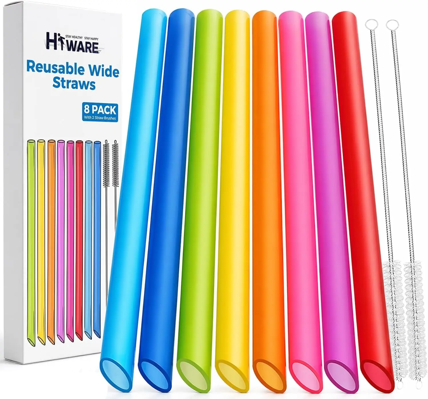[Angled Tips] 8-Piece Reusable Jumbo Wide Tritan Plastic Straws, BPA-Free Food-Grade Multi-Color Straws for Bubble Tea (Tapioca Boba Pearls), Milkshakes w/ 2 Cleaning Brushes
