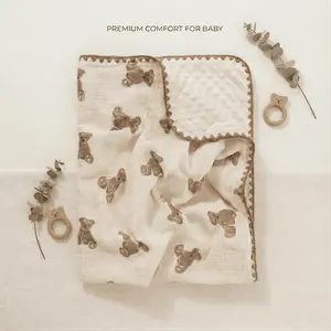 Aesthetic Brown Bear Baby Blanket - Cozy Double Layer Muslin & Bubble Fleece Backing - 100cm x 100cm Large Receiving Blanket, Premium Newborn Shower Gift, Breathable & Skin-friendly