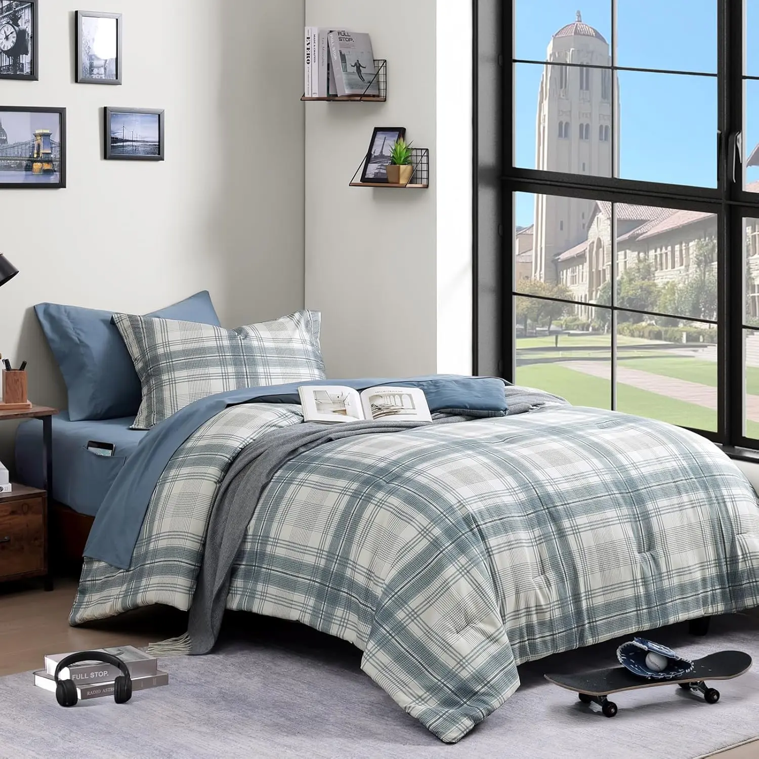 【Back to School 】Twin XL Comforter Set, Blue Grey Plaid Bedding Set 5/7Piece for Boys Girls Teen, Classic Homestead-Style Kids Comforter Set Bed in A Bag with Sheets, Pillowcase & Sham Queen size King size comforter
