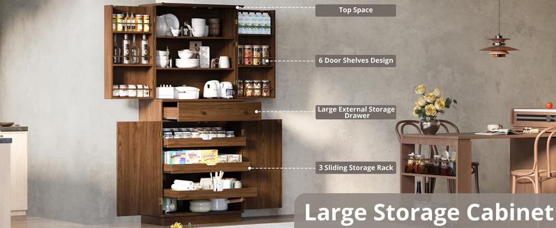 IRONCK 72” Tall Kitchen Pantry Cabinet, Farmhouse Pantry with 2 Pull Doors and Drawer Organizing Board Storage for Home Kitchen Dining Room