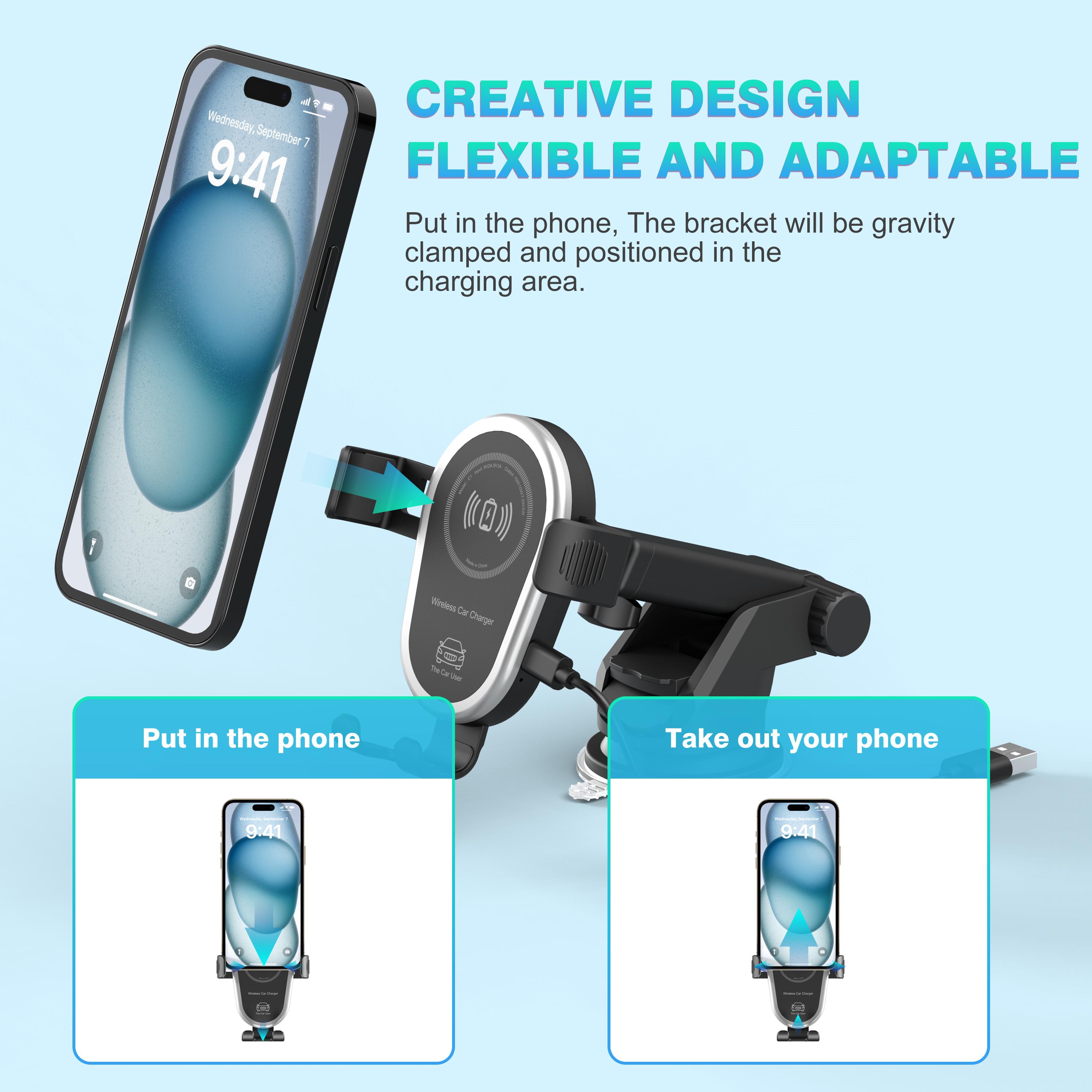Wireless Car Charger,15W Fast Car Charger Phone Mount Holder fit for iPhone 16 15 14 13 12 Mini Pro Max 11 XR XS, Samsung Galaxy S24 Ultra S23 S22 S21+ Note 20, etc