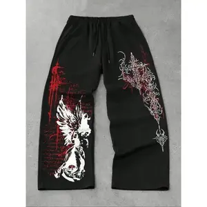 Men'sCasualSportyLongPants,Angel&CrossPrintDrawstringWideLegJoggers,AllSeasonLooseFitMen'sClothing