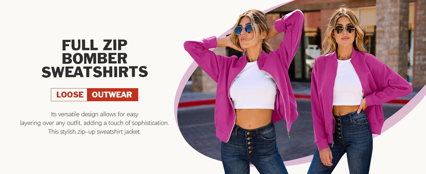 Fisoew Womens Zip Up Sweatshirts Jackets Long Sleeve Casual Loose Outwear with Pockets Outerwear Coats Crew Neck Full Zip-Up Design Clothes Womenswear SpringStatements