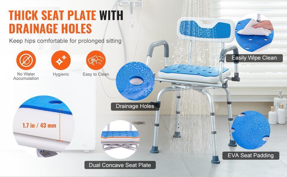 VEVOR Non-Slip Shower Chair, TikTokShopBlackFriday, 360° Swivel Bathtub Shower Stool with Pivoting Arms & Padded Seat and Back, Height Adjustable Rotating Bathtub Shower Seat for Elderly Disabled, Max 500LBS Capacity