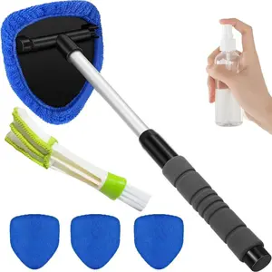 Windshield Cleaner Tool Kit with Extendable Handle 3 Microfiber Pads for Car Interior Exterior Glass Cleaning Supplies - Aluminium, Sponges Home Essentials