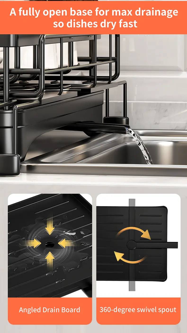 Seashark Foldable Over-Sink Countertop Dish Rack - Pull-Out 2-Tier Dish Drainer with Removable Utensil Holder, Adjustable Organiser, 360° Sink Drain for Small Kitchens, Home Goods, Apartment Stuff, Small Room Organization Products