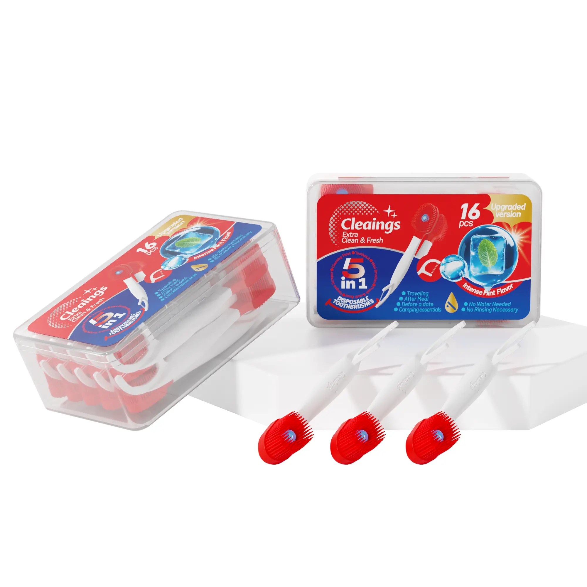 Cleaings 5-in-1 Portable Burst Bead Disposable Toothbrush, Soft Bristle Kit with Tongue Scraper Toothpick & Floss, No Rinse Oral Care for Travel Business Camping, 16 Count