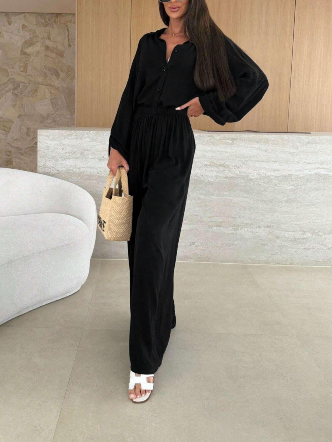Elengatine Women’s Black Two-Piece Outfit Set – Relaxed Shirt-Style Top with V-Neck & Long Sleeves, High-Waisted Flowy Wide-Leg Pants, Effortless Chic Matching Look, Perfect for Work, Brunch & Everyday Wear Elengatine Women’s Black Two-Piece Outfit Set – Relaxed Shirt-Style Top with V-Neck & Long Sleeves, High-Waisted Flowy Wide-Leg Pants, Effortless Chic Matching Look, Perfect for Work, Brunch & Everyday Wear