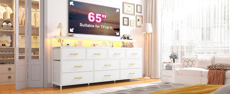 Raybee Furniture 55" W Dresser with 10 Drawers,  TV Stand for 65" TV with LED Lights & Power Outlets, Large Wide Drawer Dresser for Bedroom, Entertainment Center for Living Room, Metal Frame, Wood Top tv stand