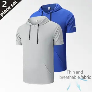 Men’s 2-piece set: quick-dry hooded short-sleeve jacket with reflective stripes and a slanted large pocket; breathable, quick-drying crewneck short-sleeve hoodie for gym workouts, fitness, and running. SpringStatements