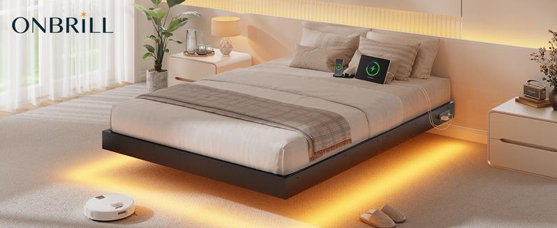 【Valentine's Day gift】ONBRILL LED Floating Bed Frame, Full/Twin/Queen/King Bed Frame with Smart LED Lights & Power Outlet, Heavy Duty Metal Platform Bed Frame, Camas Queen, Easy Assembly, Bedroom Furniture, Black