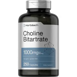 Horbaach Choline Bitartrate Supplement | 1000mg | 250 Capsules | High Potency | Non-GMO, Gluten Free
