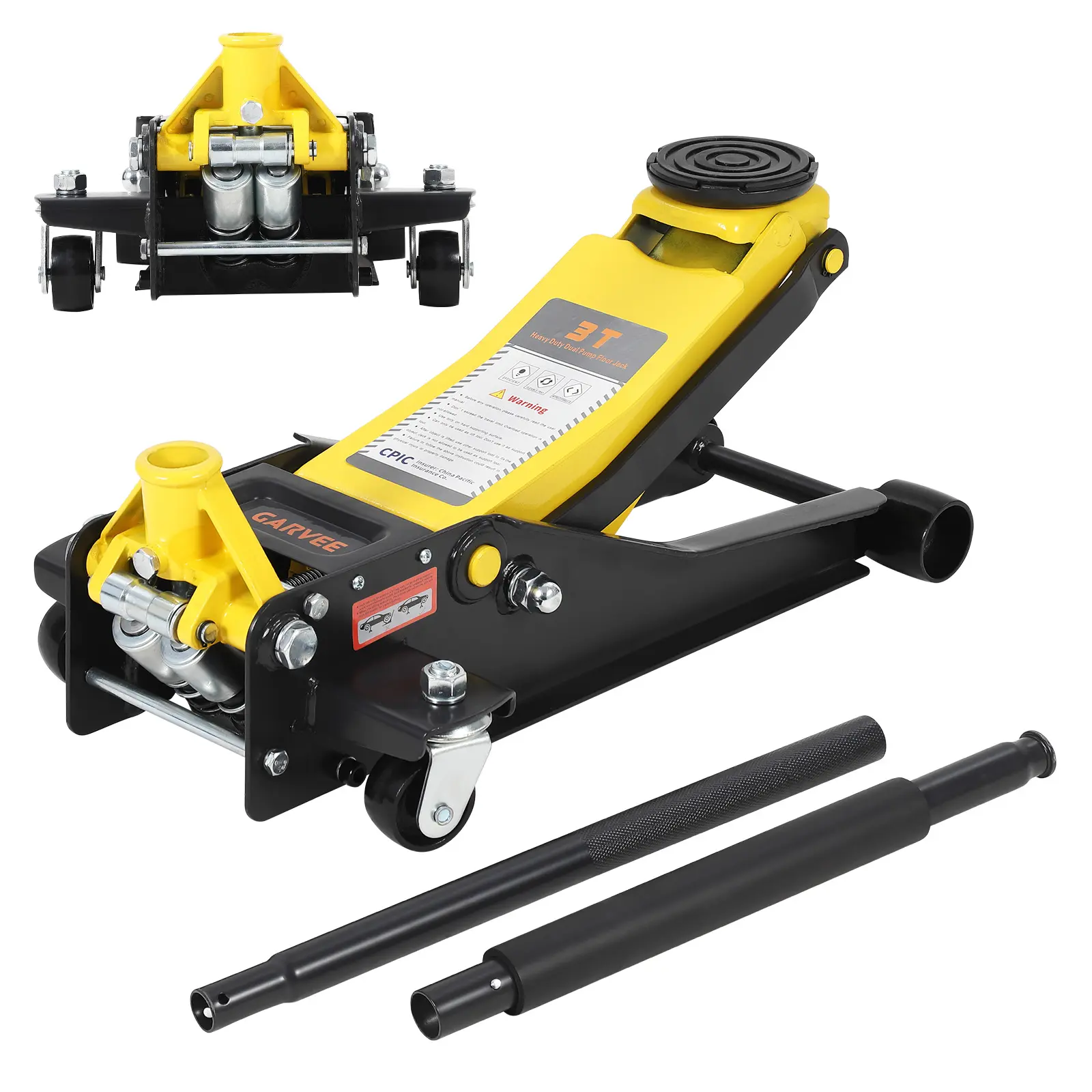 3 Ton Low Profile Hydraulic Floor Jack - Heavy Duty Steel - Dual Pump Fast Lift, 2.95–15.35 Inch Lifting Range - Durable, Compact Garage Jack with Rubber Pad