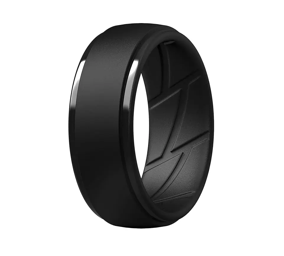 Men’s Black Oversize Hypoallergenic Silicone Wedding Rings, Size 7-16, 10mm Wide 2.5mm Thick Step Edge, Breathable Grooves, Gym/Workout/Construction Mens Wedding Bands