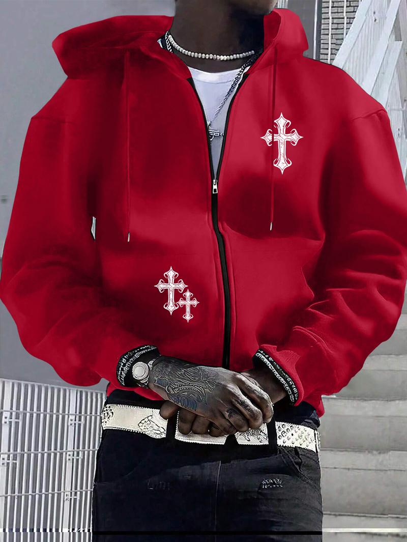 Autumn and Winter Men's Full-Zip Long Sleeve Hoodie Sports Jacket with Personalized Print Pattern Zipper Pockets Regular Fit Windproof Warm Jacket Suitable for Travel Camping Outdoor Activities Casual Sweatshirts