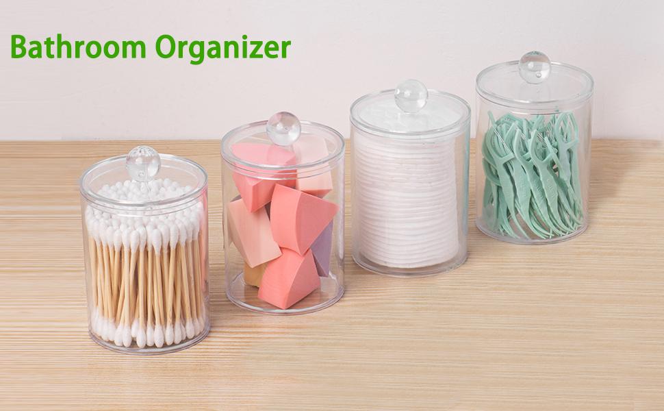 4pcs Swab Holder & Organizer Box - Clear Plastic Jars with Pre-Printed Cotton Balls, Cotton Swabs, Floss Picks & White Labels - Dustproof & Stylish Bathroom Storage