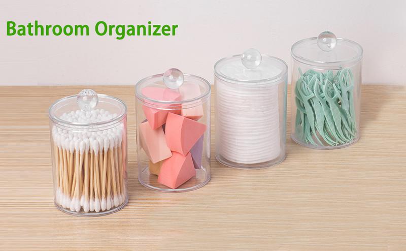 4pcs Swab Holder & Organizer Box - Clear Plastic Jars with Pre-Printed Cotton Balls, Cotton Swabs, Floss Picks & White Labels - Dustproof & Stylish Bathroom Storage