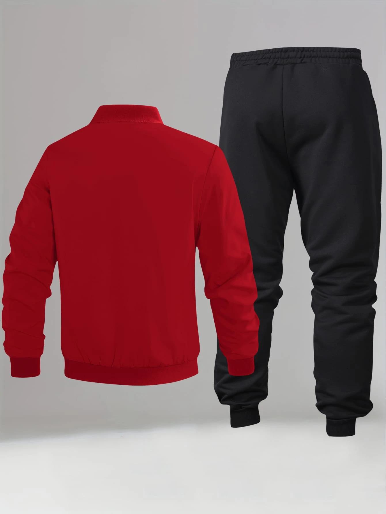 Men's Paris letter pattern colorful striped print bomber jacket with elastic waistband jogger pants two-piece set suitable for spring and autumn casual outdoor daily wear