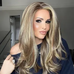 IMstyle Shailene New Scandi Hairline Version Toffee Calico Warm Brown with Honey Blonde Highlight Layered Silky Straight Low Density Gluless 13*4 Free Parting Lace Front Syntehtic Wig for Daily Wear