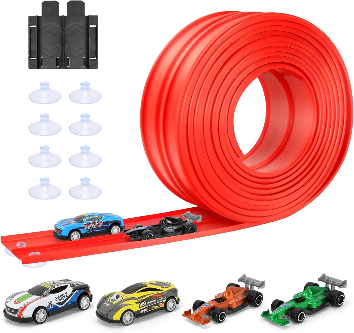 Flex Tracks 16Ft for Kids: Flexible Race Car Ramp Track with 4 Small Racecars and 8 Suction Cups Compatible with Diecast 1/64th Cars, Rolls Up Portable Racetrack for Ages 3 & Up