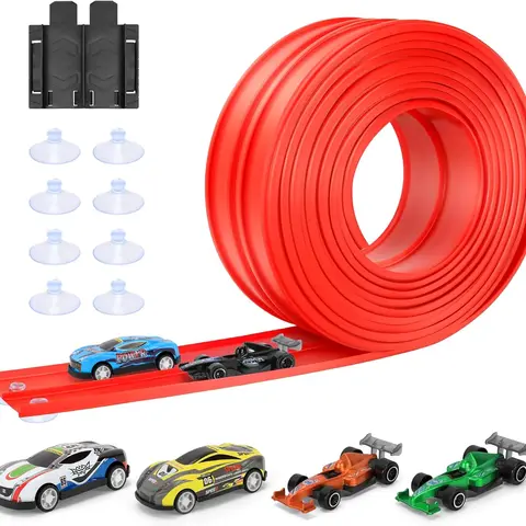 Flex Tracks 16Ft for Kids: Flexible Race Car Ramp Track with 4 Small Racecars and 8 Suction Cups Compatible with Diecast 1/64th Cars, Rolls Up Portable Racetrack for Ages 3 & Up