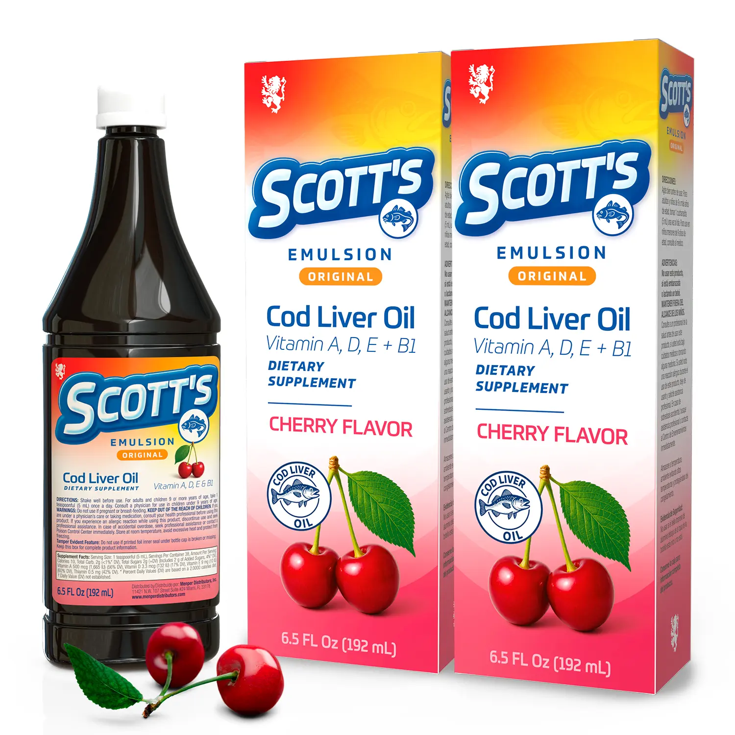 SCOTT'S EMULSION Cherry Flavor Cod Liver Oil Daily Dietary Supplement - 6.5 Fl Oz (2 Pack), Brain Health Support, Immune Boosting Liquid Multivitamin
