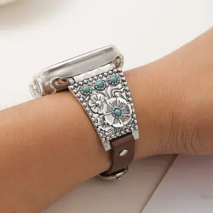 ADAJURI Vintage Turquoise Leather Strap Watchband Compatible With iWatch For Both Women and Men | Boho Antique Turquoise Ethnic Jewelry Strap for Smart Watch Ultra 2 SE (Flower, 38/40/41/42mm