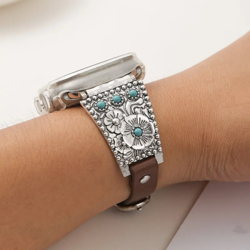 ADAJURI Retro Turquoise Leather Watch Strap - Artisanal Warmth Boho Ethnic Flower Design, Casual Unisex Accessory for iWatch Ultra 2, SE (38/40/41/42mm) - Fashion Watch Straps & Jewelry Accessories