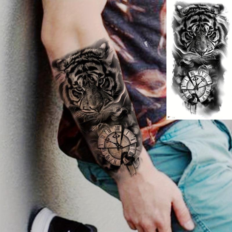 Rechal 8 Sheets Realistic Tribal Large Tiger Temporary Tattoo Stickers For Women Adults, Half Arm Sleeve Tattoos For Men, 3D Black Tiger Compass Flower Tattoos Decals