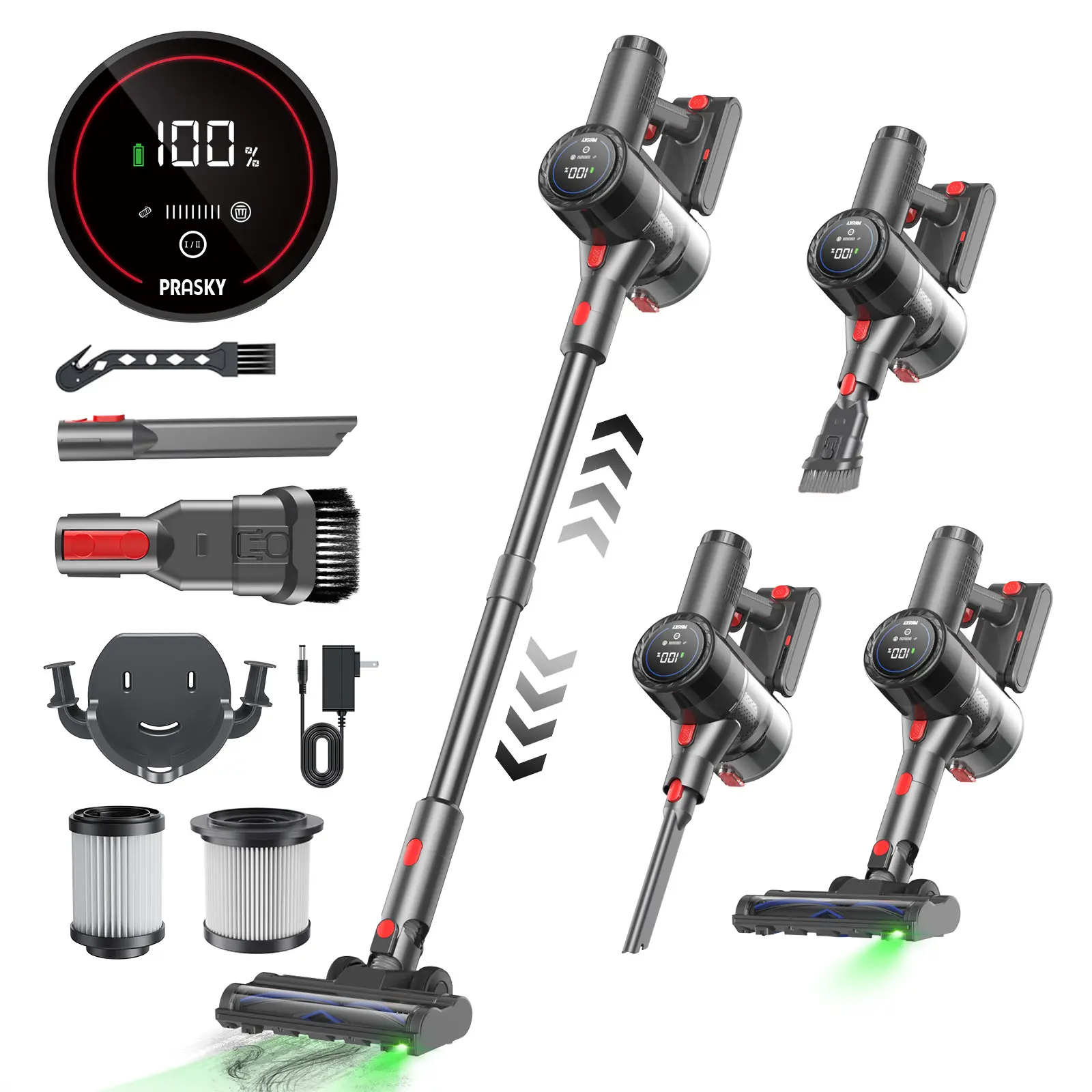 Prasky Cordless Vacuum Cleaner - Household Appliances, Cleaning Machine, 42Kpa Powerful Suction, 380W Brushless Motor, 8-in-1 Lightweight Handheld, Up to 50-Minute Runtime, Removable Battery, For Pet Hair, Carpets, Hard Floors