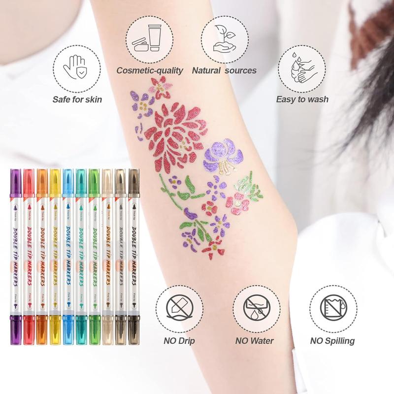 Temporary Tattoo Markers for Skin, 10 Body Markers + 56 Large Tattoo Stencils for Kids and Adults, Dual-End Tattoo Pens Make Bold and Fine Lines with Cosmetic-Grade Tattoo Ink ZYH2208001KIT