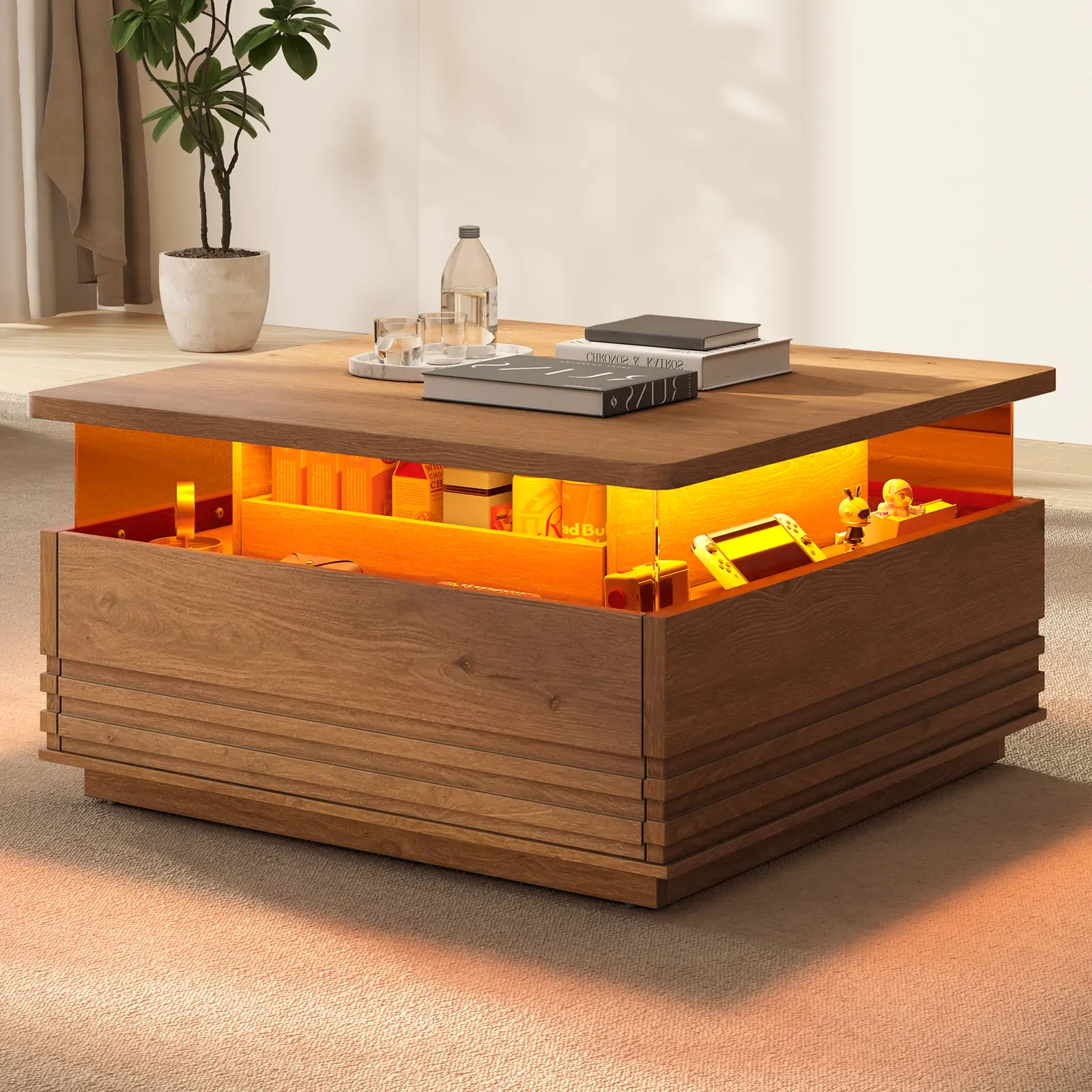 SIKAIC Mid-Century Modern Square Fluted Panel LED Coffee Table - 39.4-inch LED Strips, Pedestal Base, 2 Drawers, Controller, USB Cable, Natural Oak Finish, Programmable Timers, Storage for Living Room Collectibles, Modern Furniture Center Table