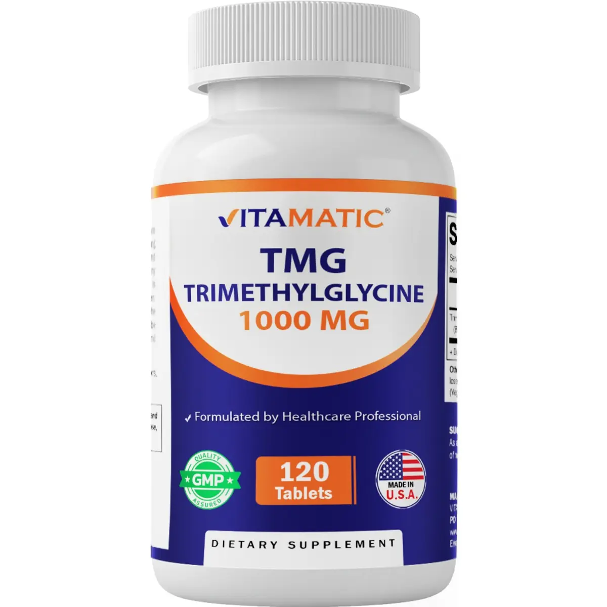 Vitamatic TMG Dietary Supplement with Magnesium - 1000mg Trimethylglycine (Betaine Anhydrous), 120 Tablets, 120 Servings - Non-GMO, Gluten-Free for Homocysteine Levels Support